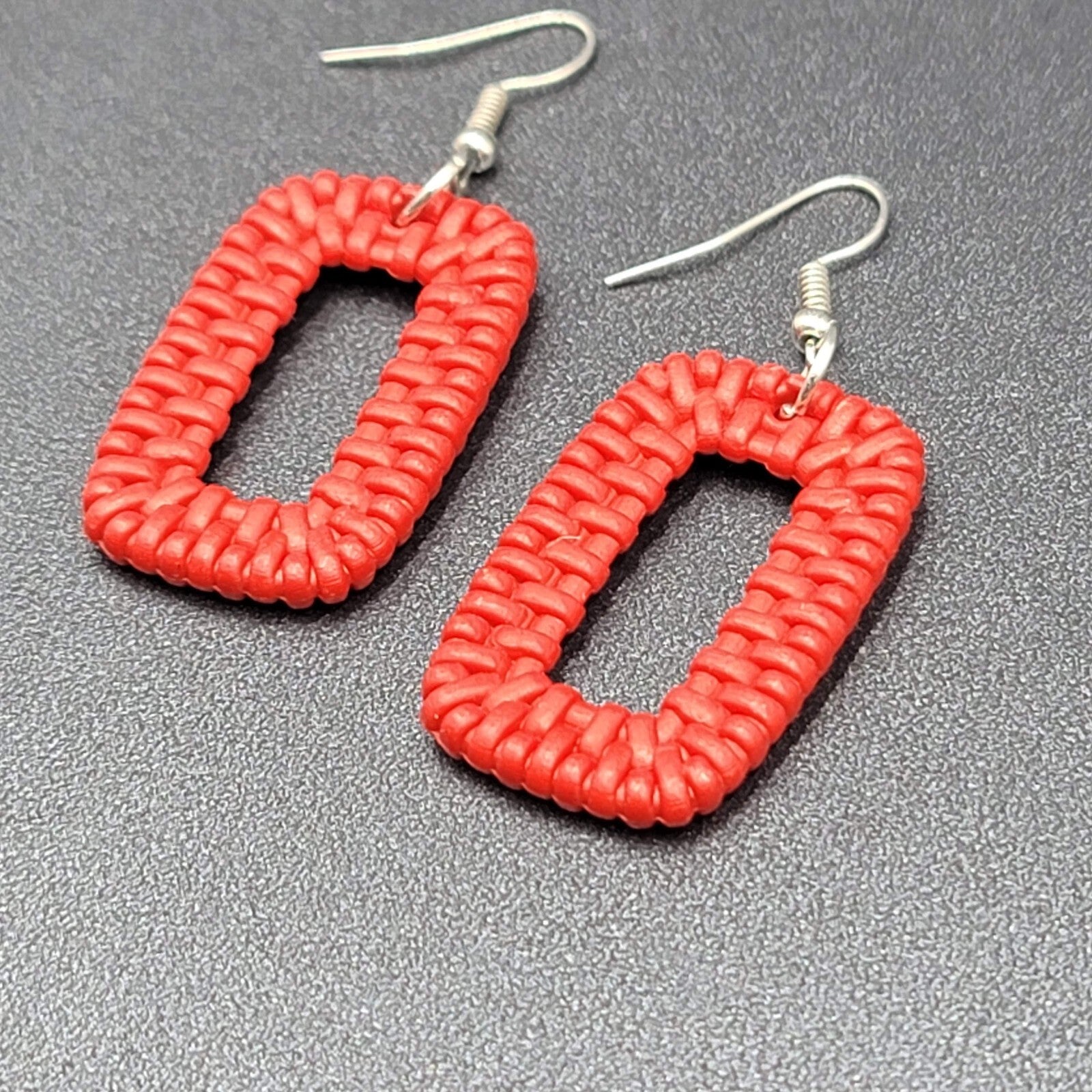 Pierced Earrings Red Acrylic Rectangle Weave Design Dangle 1.5"