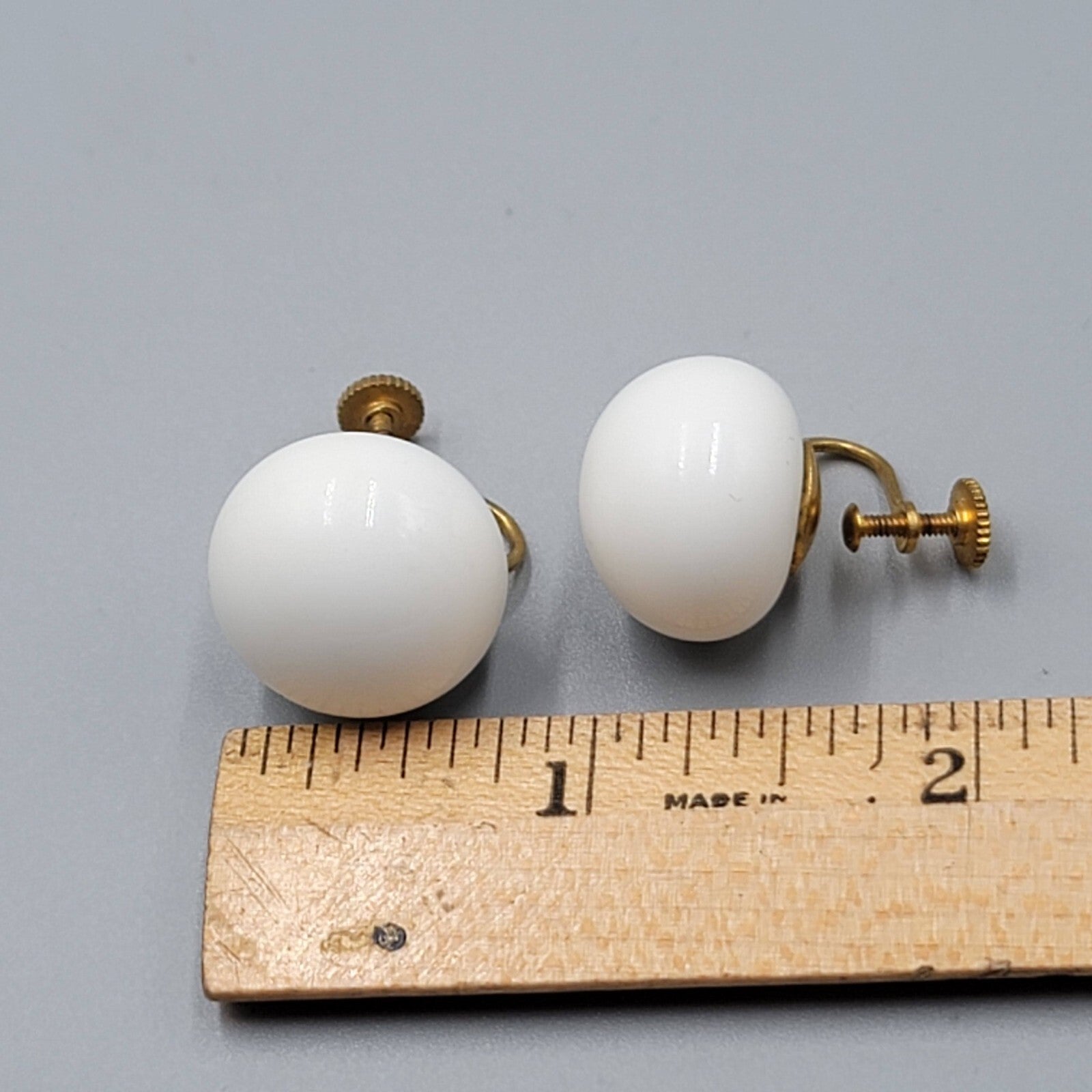 Vintage Japan White Dome Clip on Earrings 3/4" Heavy Glass or Ceramic Screw Back
