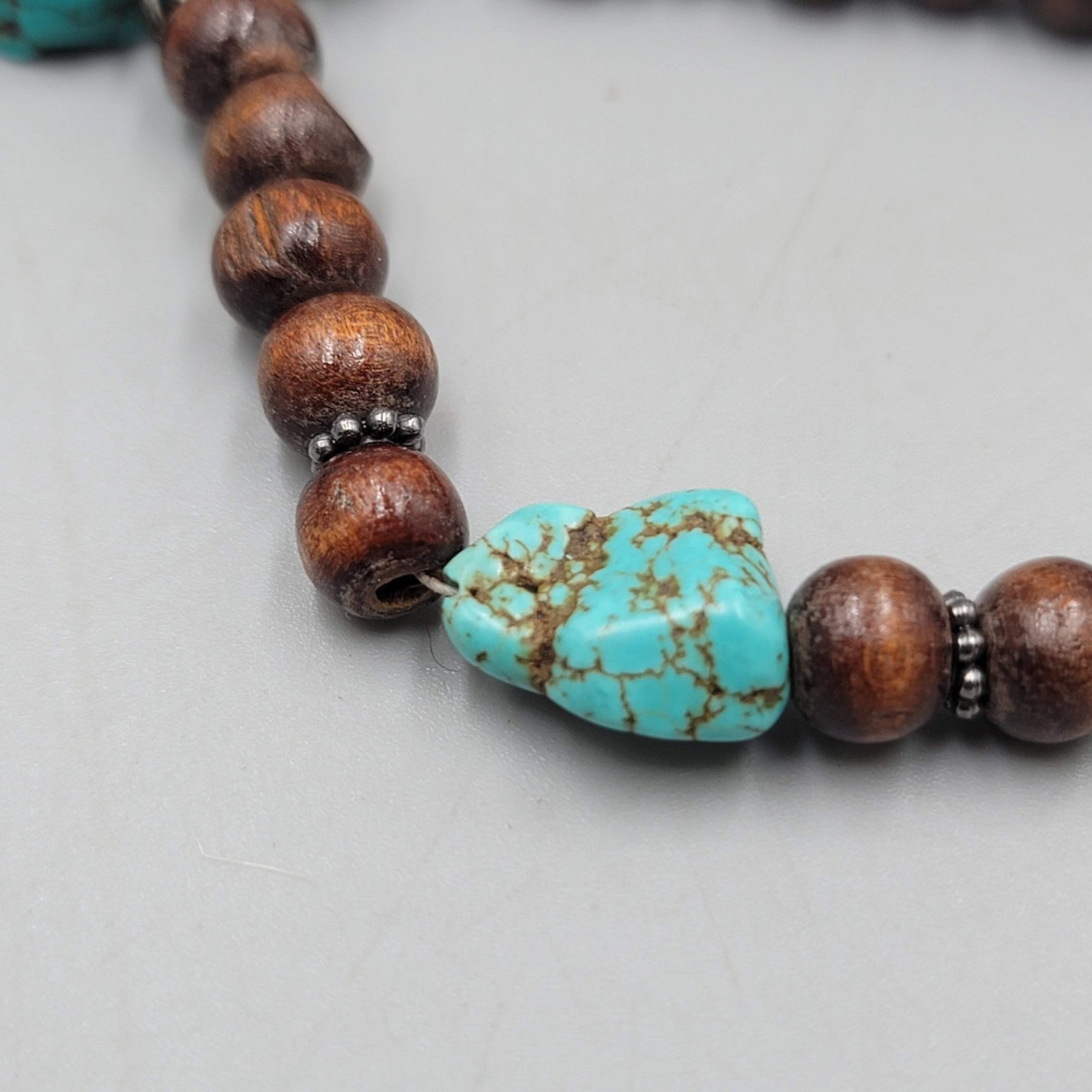 Wood and Blue Howlite Stone Bead Bracelet 6.5"