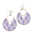 Purple Design Wood Statement Pierced Earrings Gold tone Dangle 2.25"