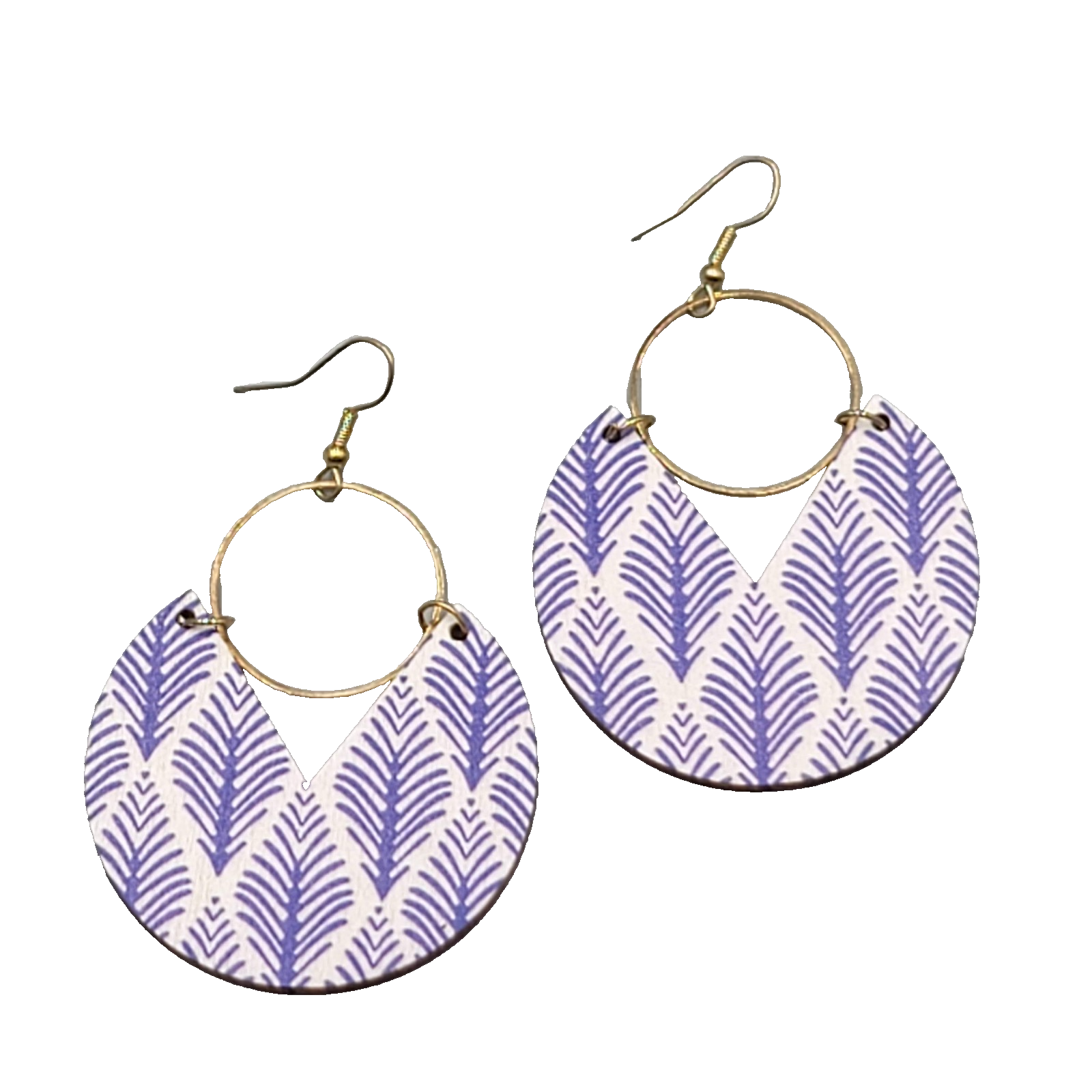 Purple Design Wood Statement Pierced Earrings Gold tone Dangle 2.25"