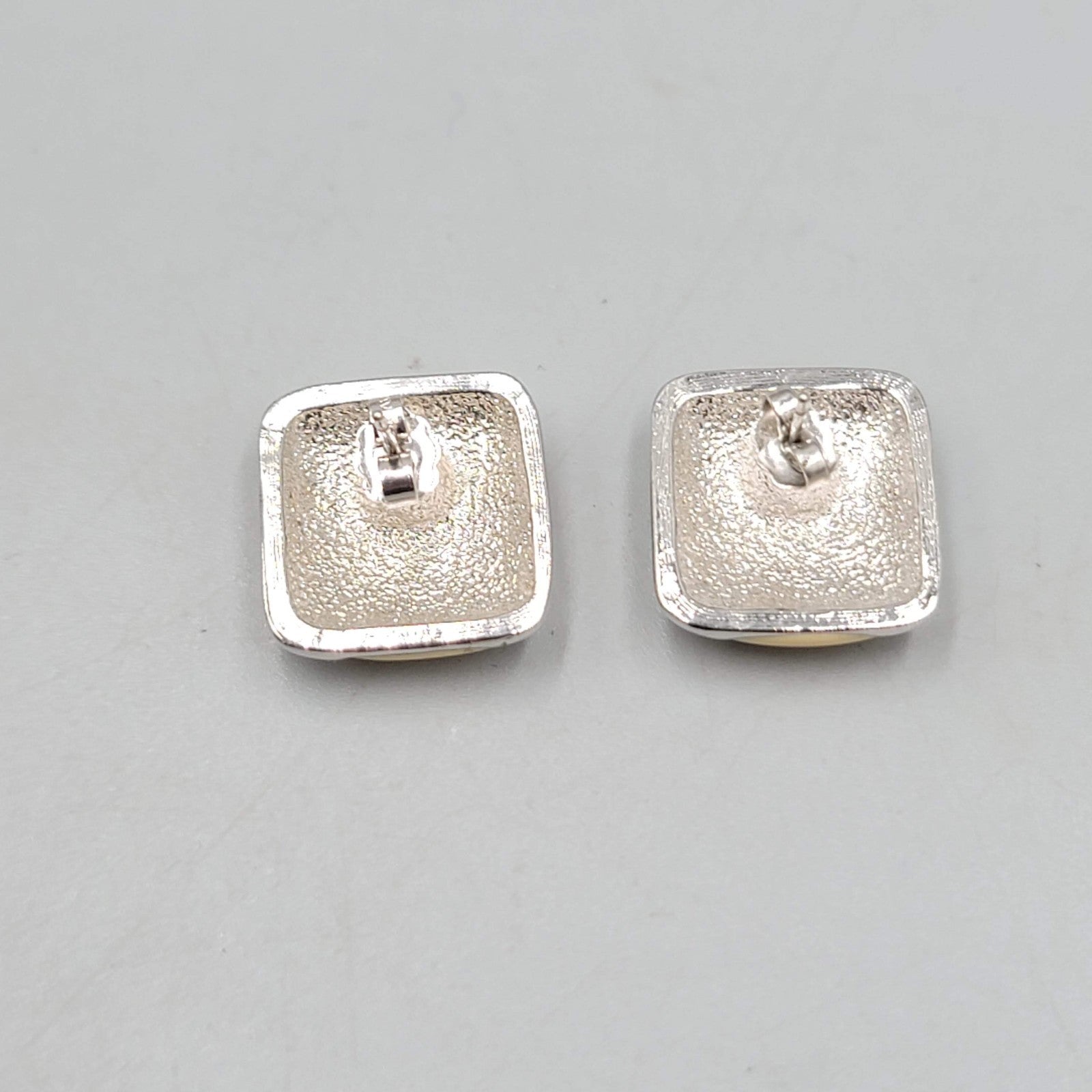 Cream Enamel Pierced Earrings Silver tone Square Drop 3/4 in