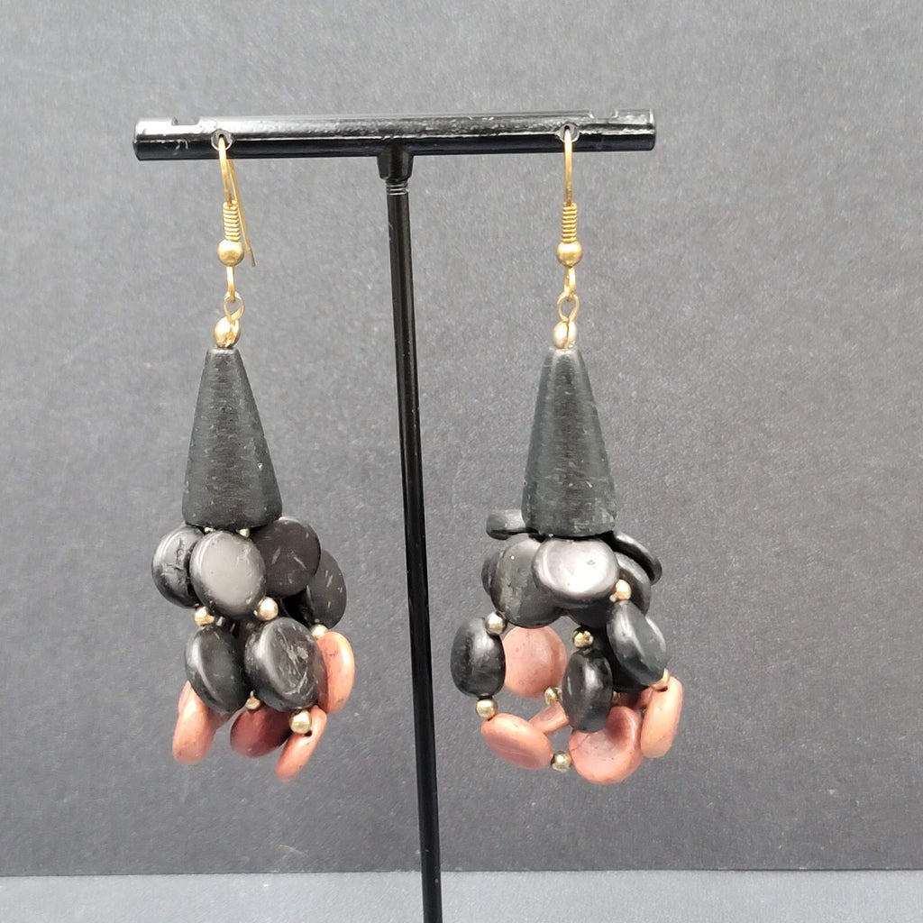 Vtg Pierced Earrings Black and Brown Wood Cluster Beads Statement Dangle  2.5"