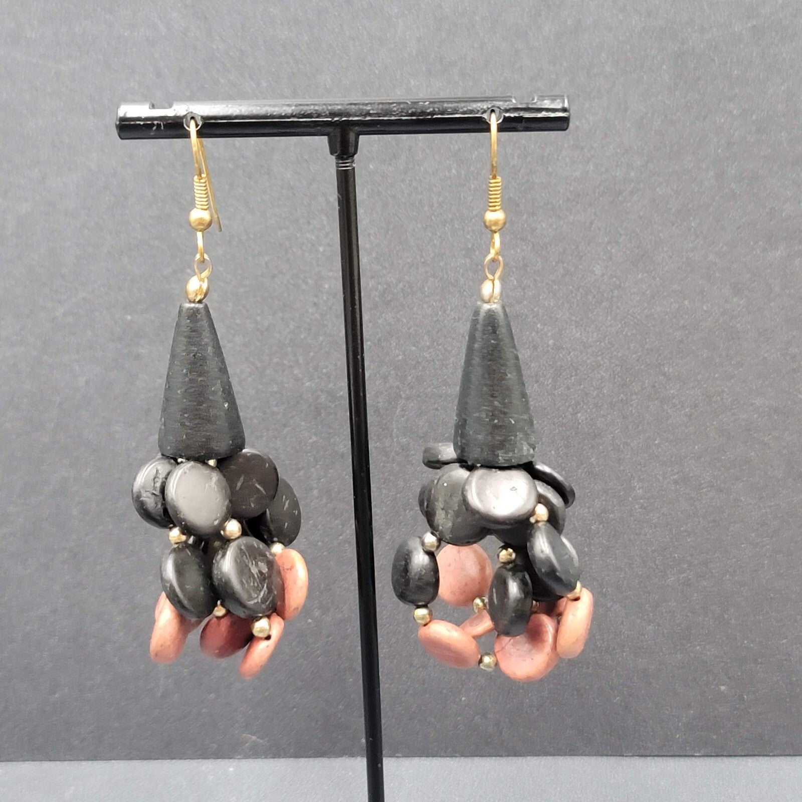 Vtg Pierced Earrings Black and Brown Wood Cluster Beads Statement Dangle  2.5"