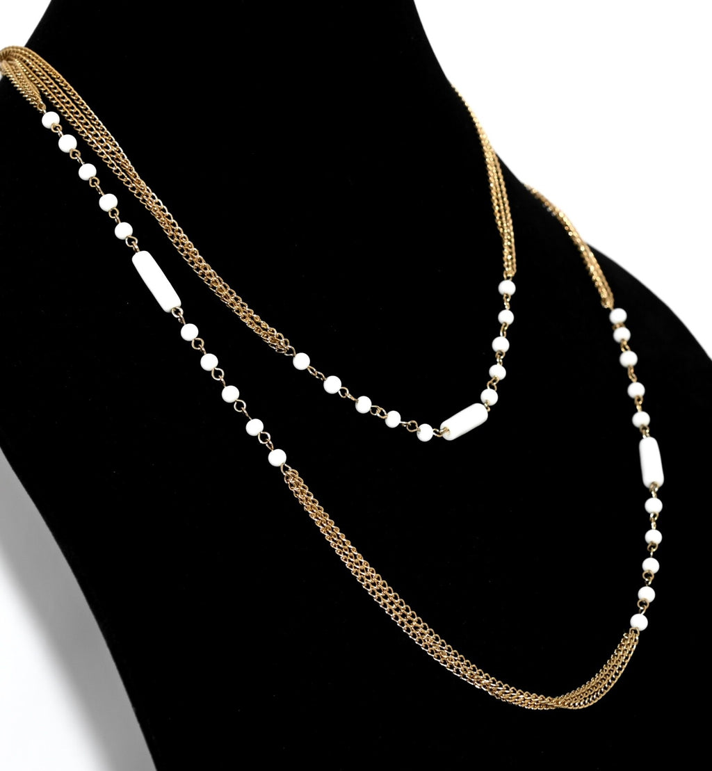 Vintage Gold tone Chains White Glass Beads Necklace Estate Jewelry Long 46"