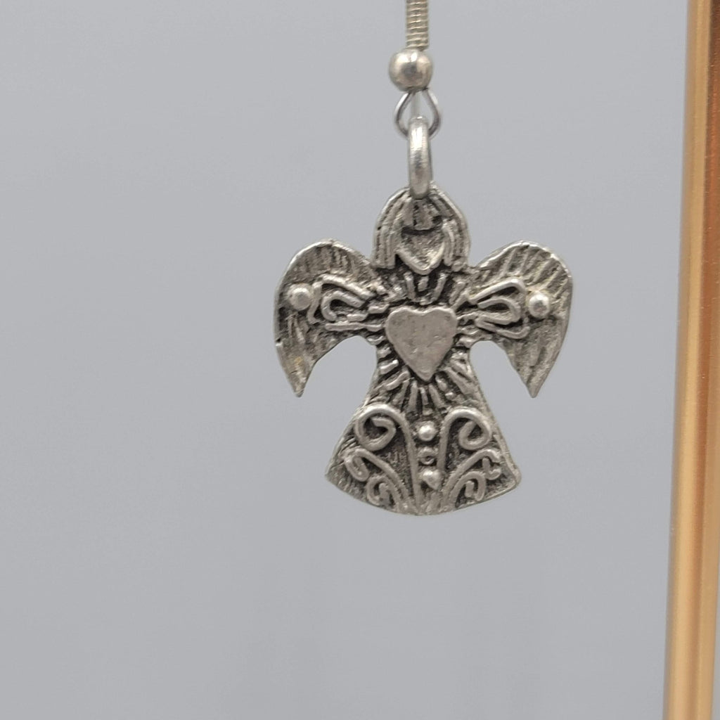 Vintage Angel Heart Pierced Earrings Pewter Silver tone Dangle  1.25 in