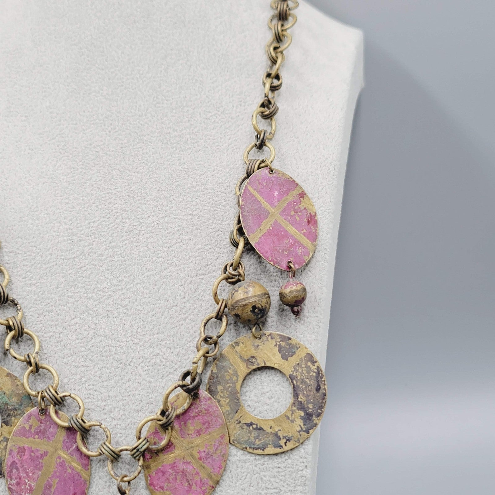 Vintage Artisan Ethnic Necklace Brass Pink Painted Metal Chain Artistic 24"
