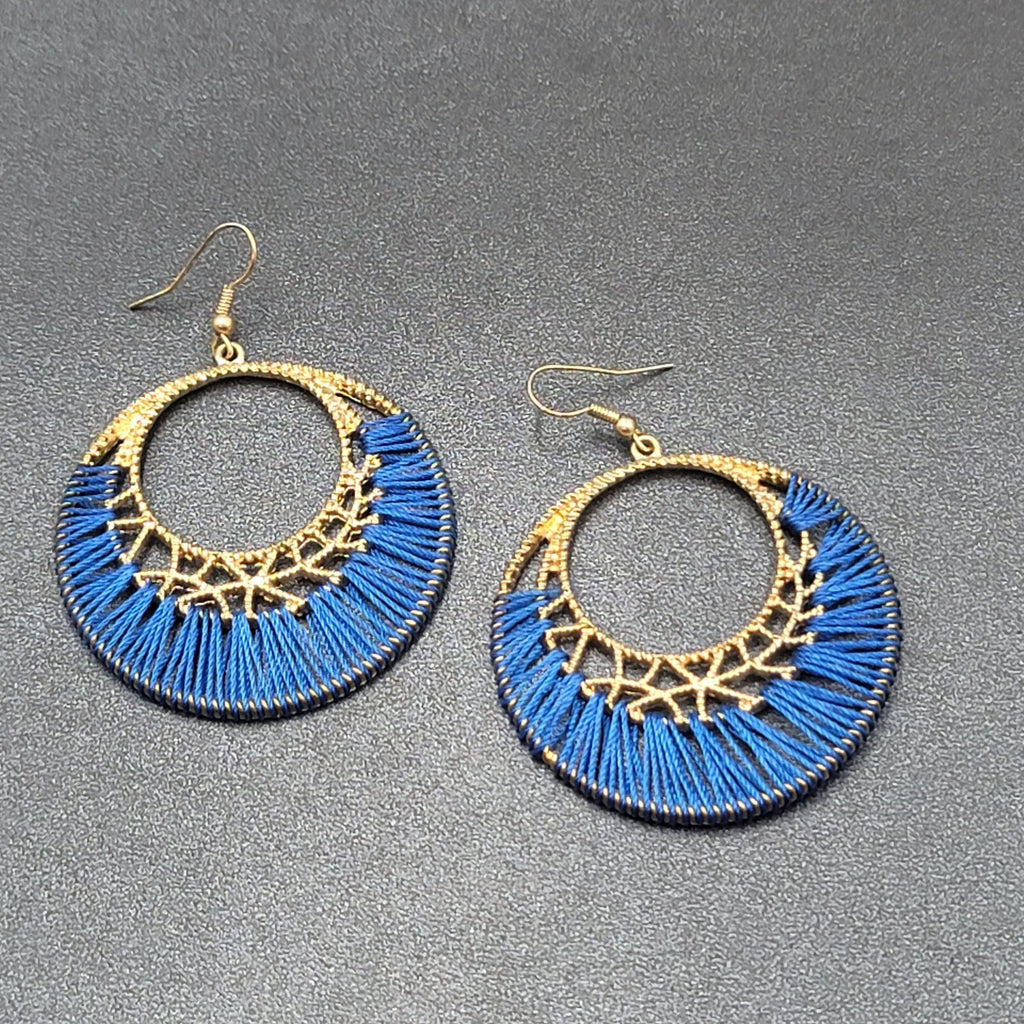 Pierced Earrings Gold tone Royal Blue String Art Dangle Hoops 1 7/8"