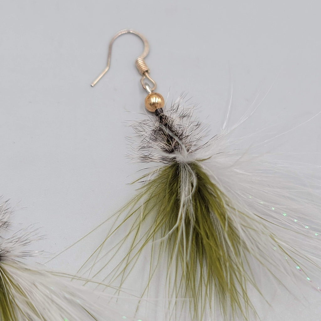 Artisan Pierced Earrings Feather Fly Tie Fishing Dangle Green White 2"