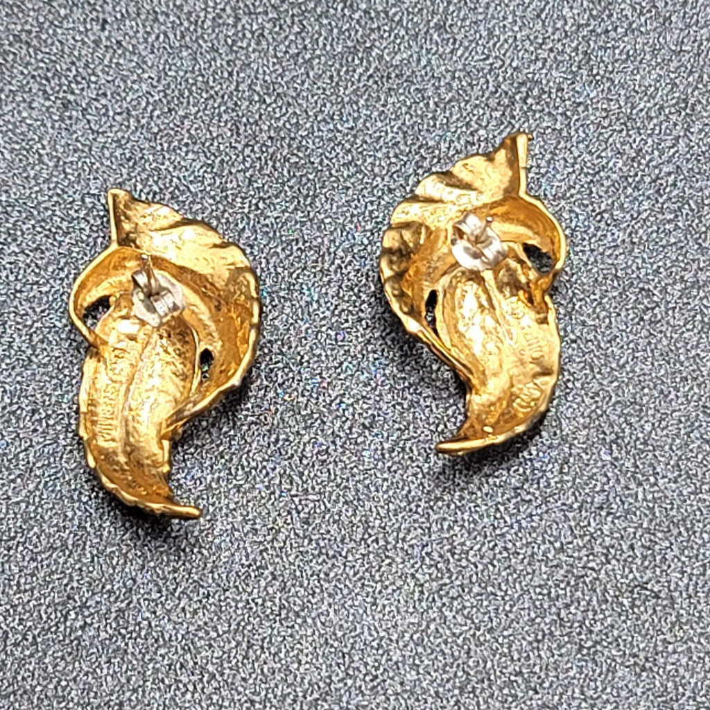 Sterling Silver Pierced Earrings 925 Gold Vermeil 2 Toned Drop Feather  1.25"