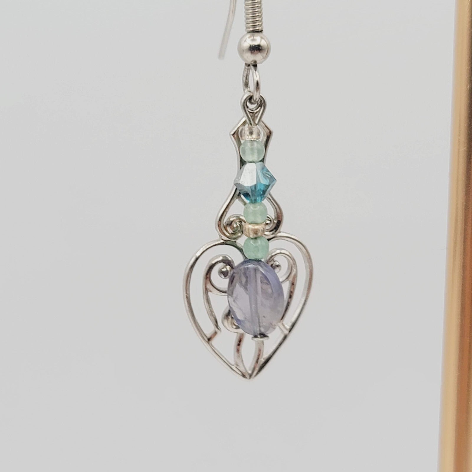 Lavalier Pierced Earrings Purple Blue Beads Silver tone Dangle 1.25 in
