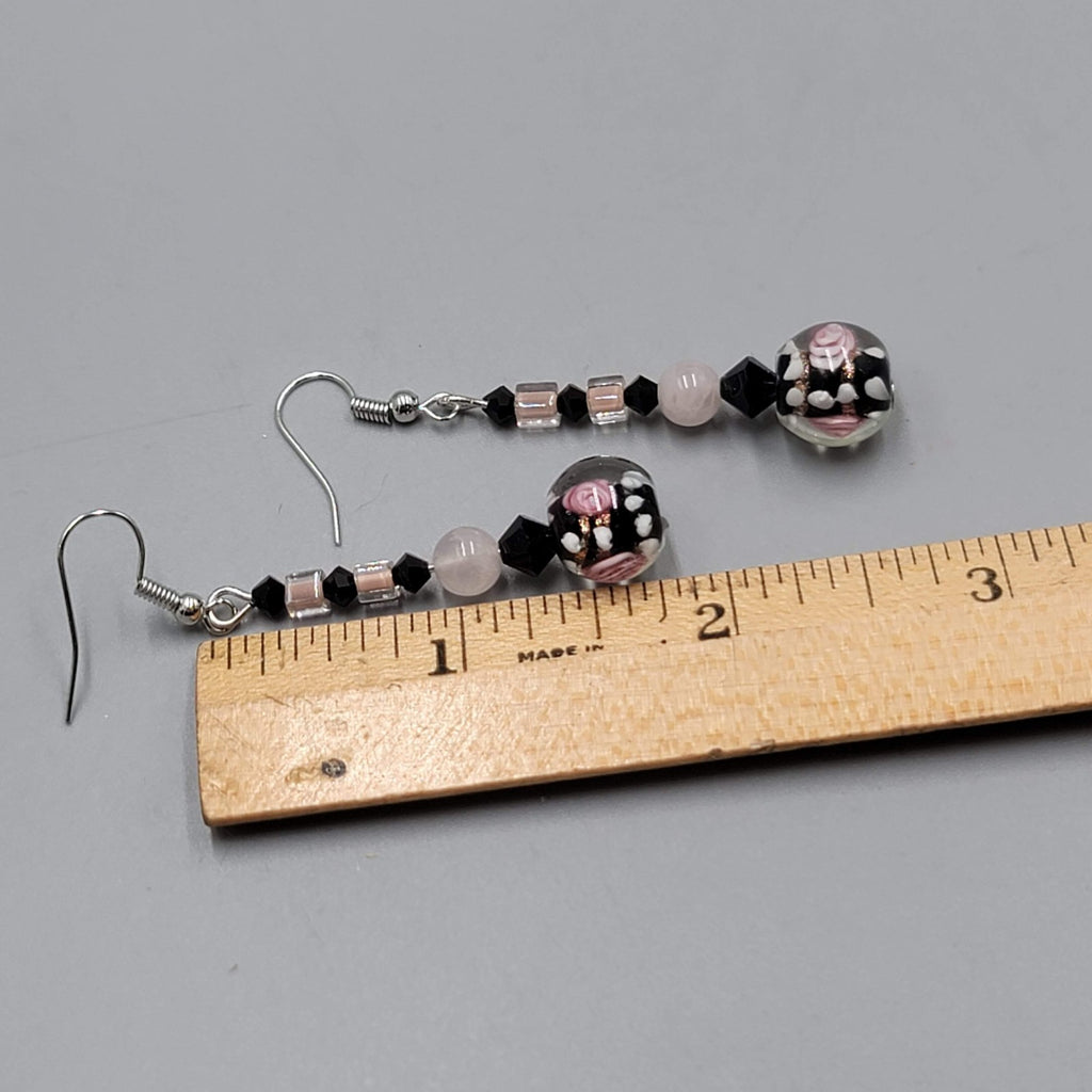 Pink Flower Art Glass Pierced Earrings Black & Silver tone Dangle  1.75"