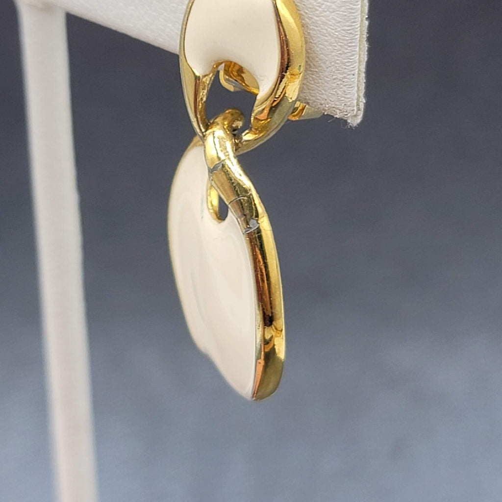 Vintage Clip on Earrings Gold Plate White Enamel Dangle 1.5"