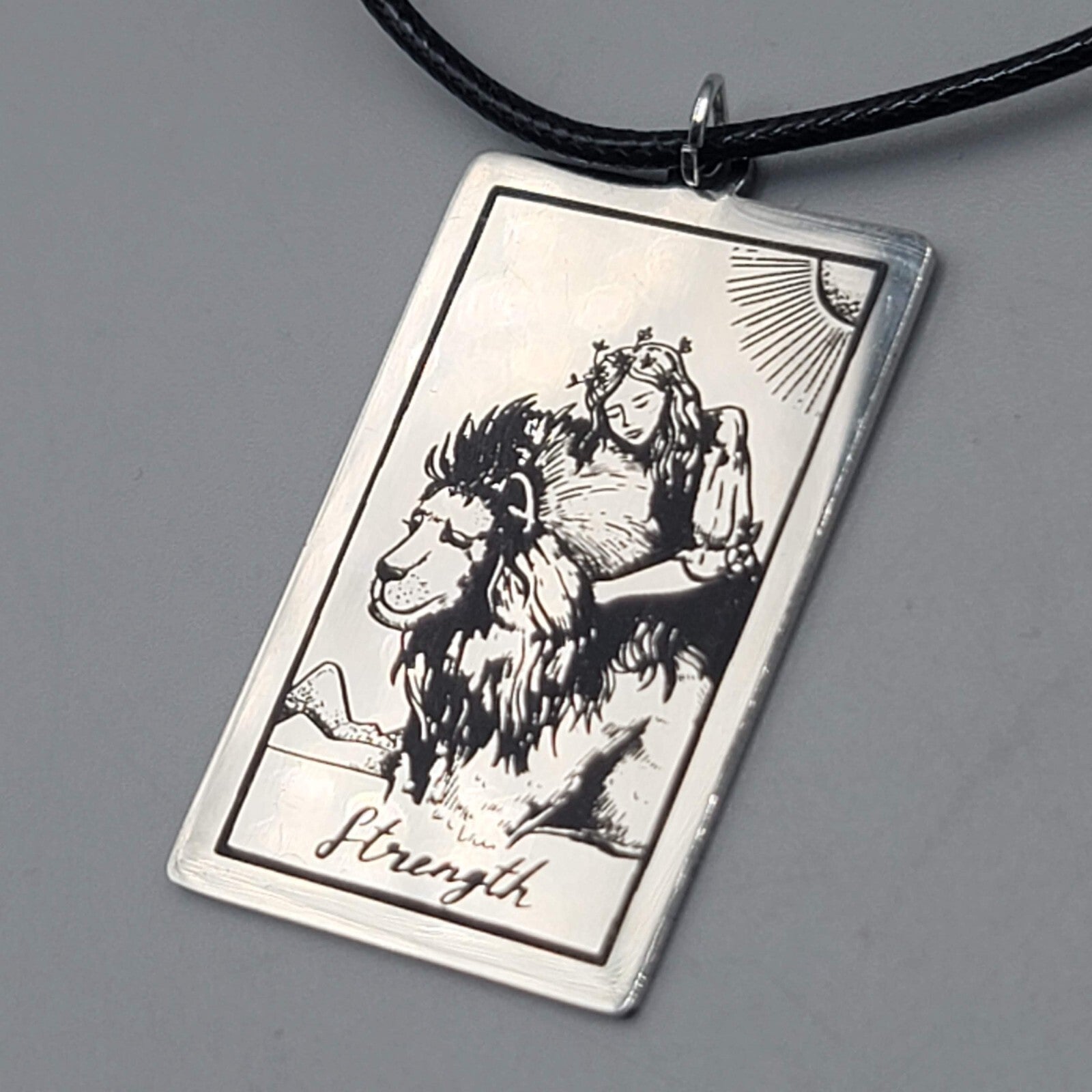 STRENGTH Tarot Card Pendant Necklace Major Arcana Silver tone Black Cord 18" Adj