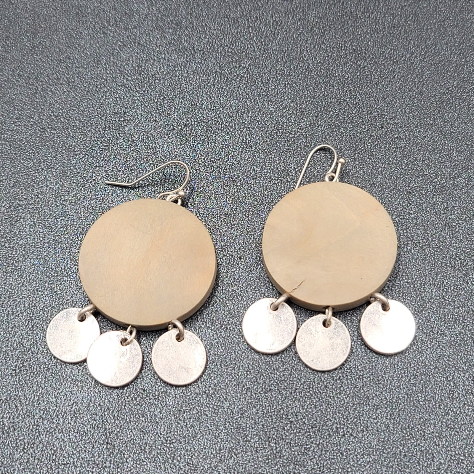 Pierced Earrings Round Wood Silver tone Discs 1.75"