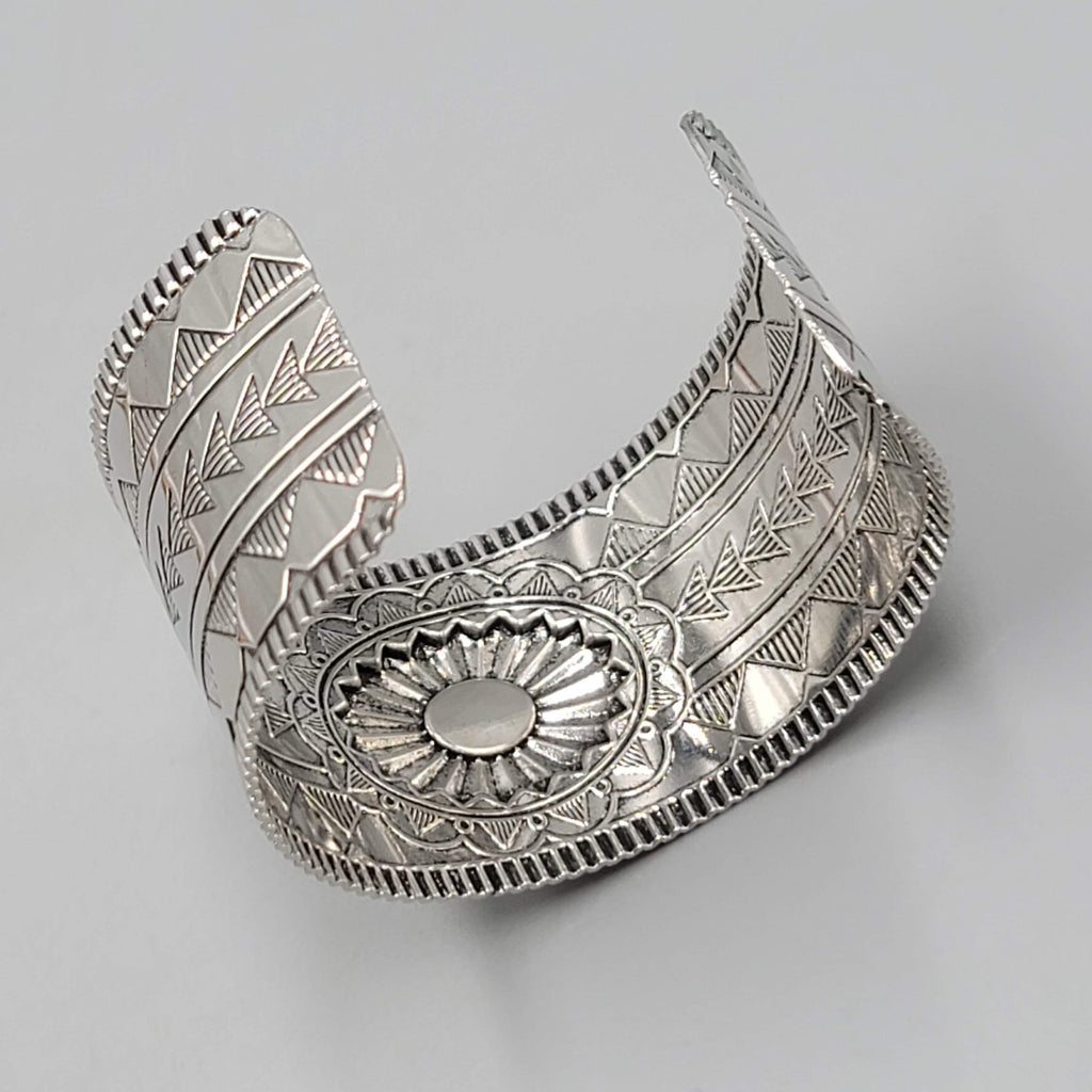 Southwest Red Accent Cuff Bracelet Silver tone 7 in