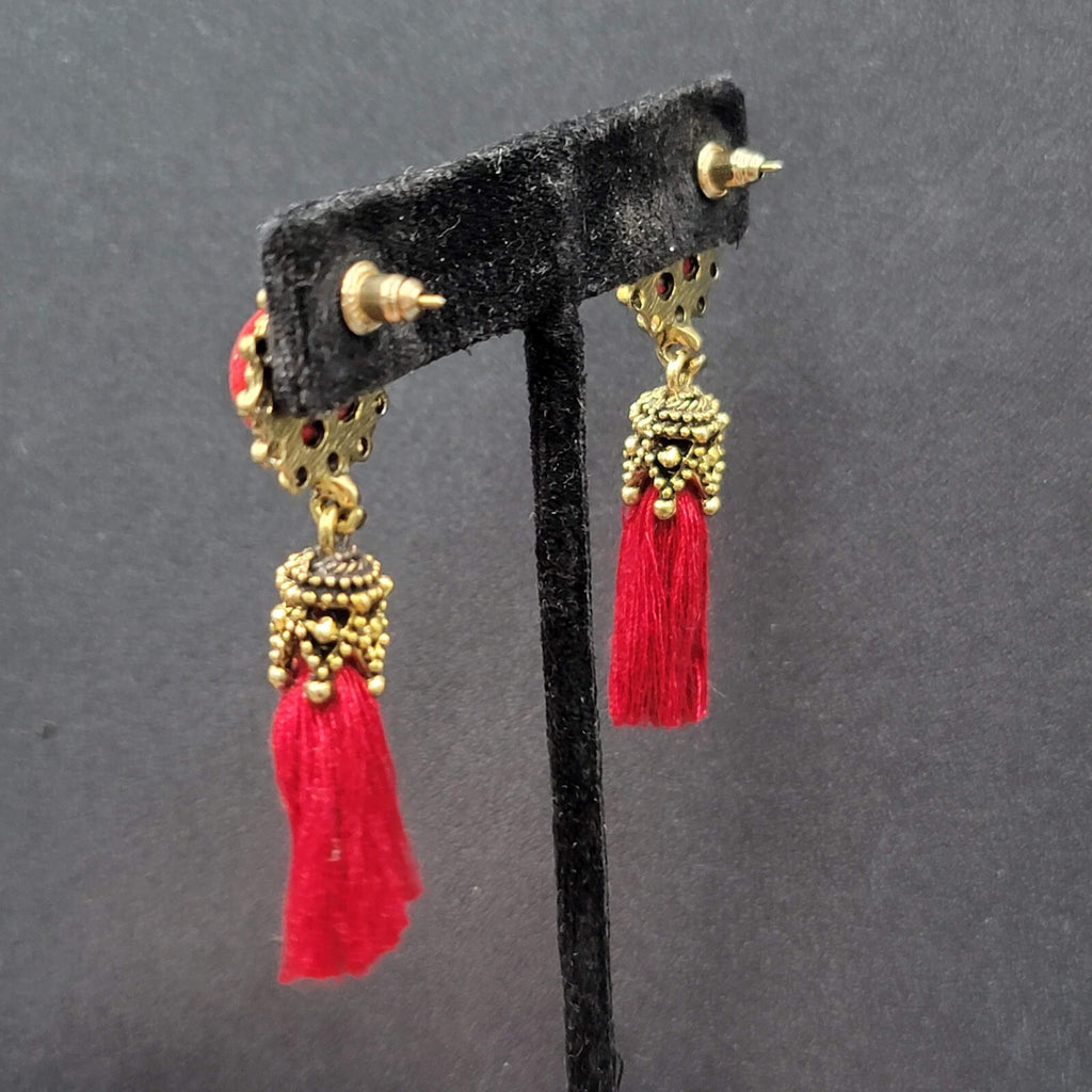Boho Pierced Earrings Antiqued Gold tone Red String Tassel 2"