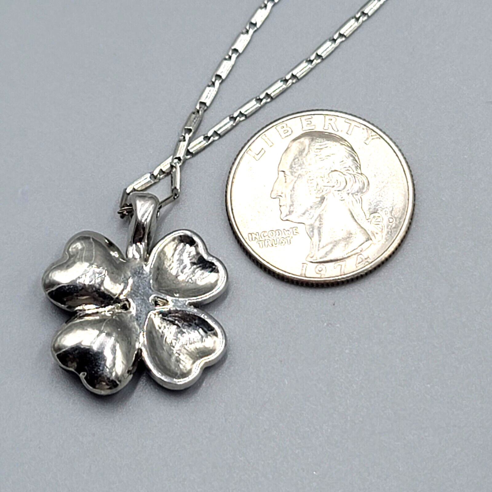 Shamrock Clover Necklace Blue Rhinestone Silver tone Chain 16"-18"