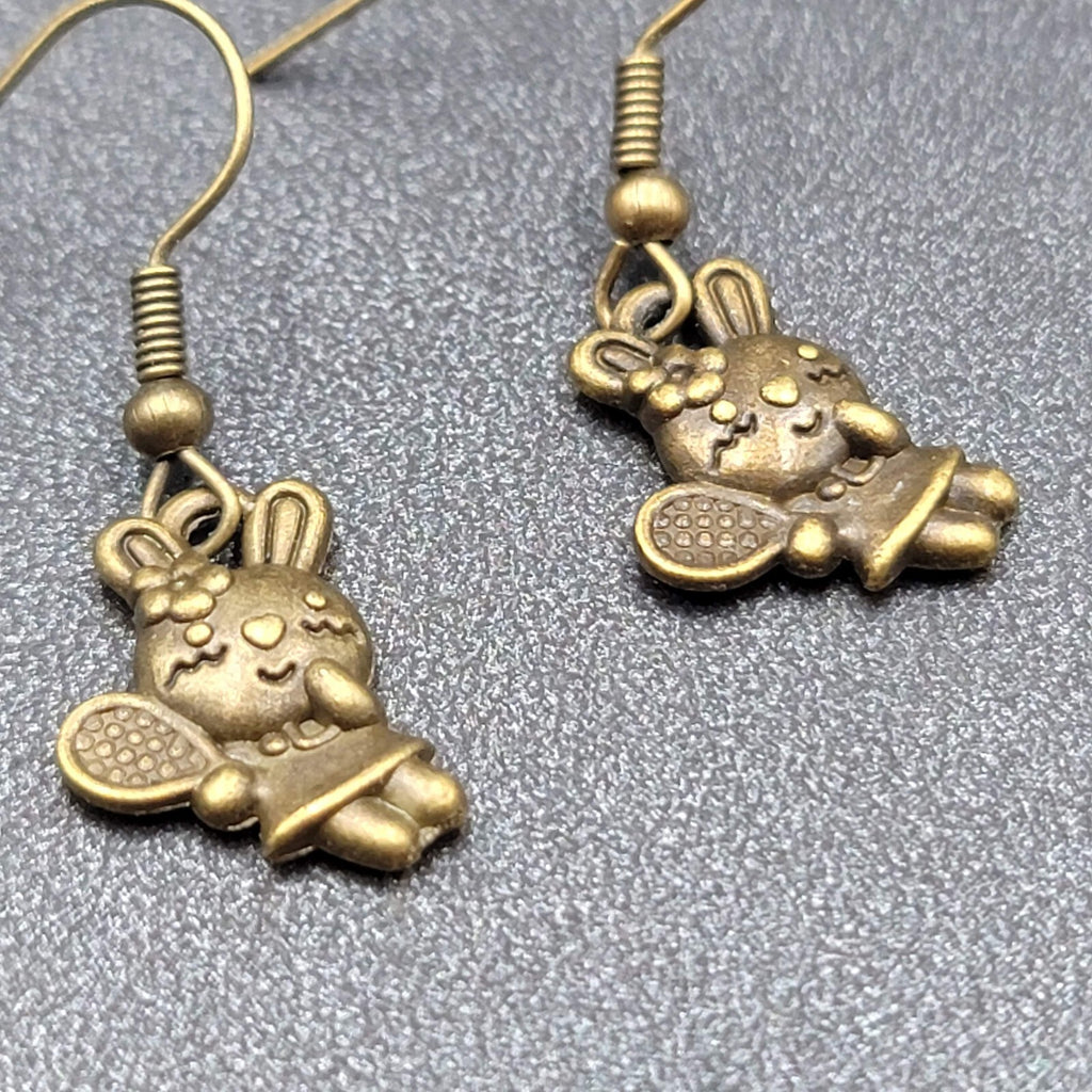 New Pierced Earrings Bronze tone Bunny Rabbit Tennis Dangle 5/8"