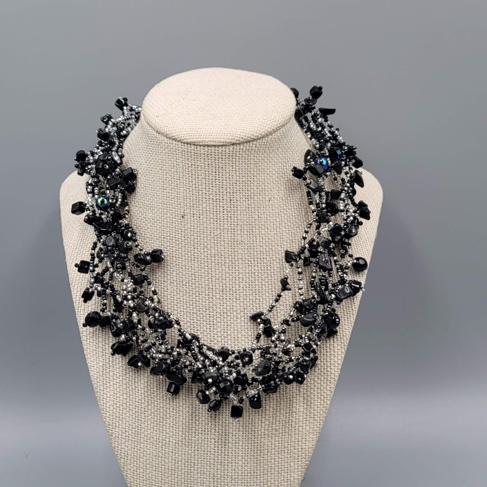 Black Cluster Bead Statement Necklace 18"
