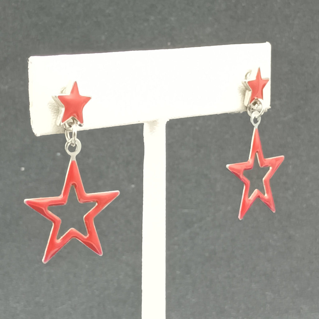 Lot of 2 Pairs Pierced Earrings Red Blue Enamel Silver tone Star Dangle 1 1/4"