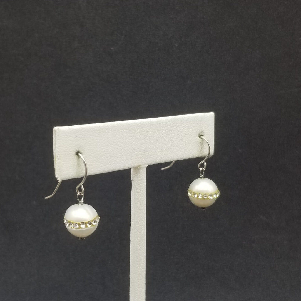 Pierced Earrings Faux Pearl Bead Faceted Crystal Dangle 1/2"