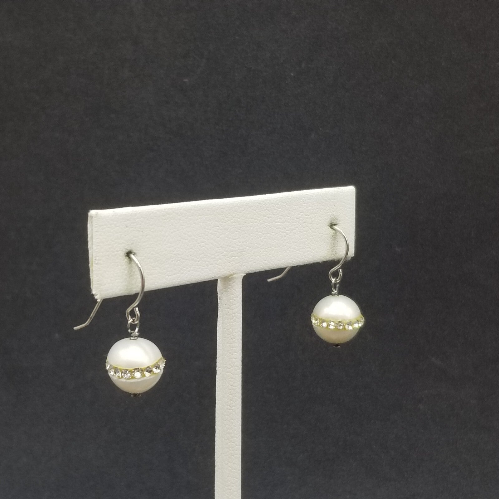 Pierced Earrings Faux Pearl Bead Faceted Crystal Dangle 1/2"