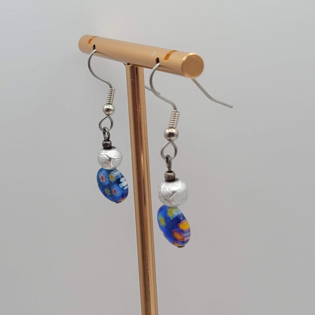 Blue Millifiori Bead Pierced Earrings Silver tone Dangle 3/4 in