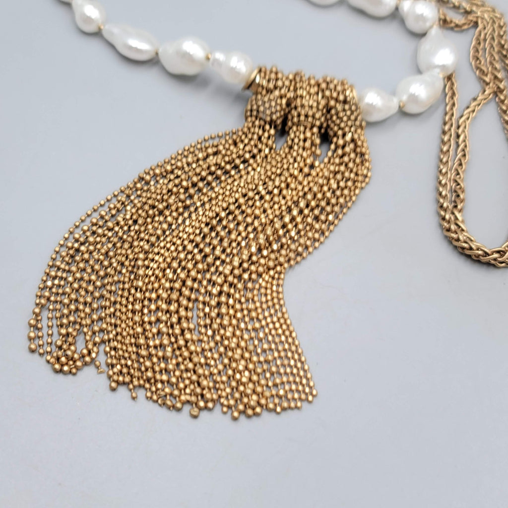 Chicos White Bead Necklace Gold tone Bead Chain Tassel Pendant LONG 36"