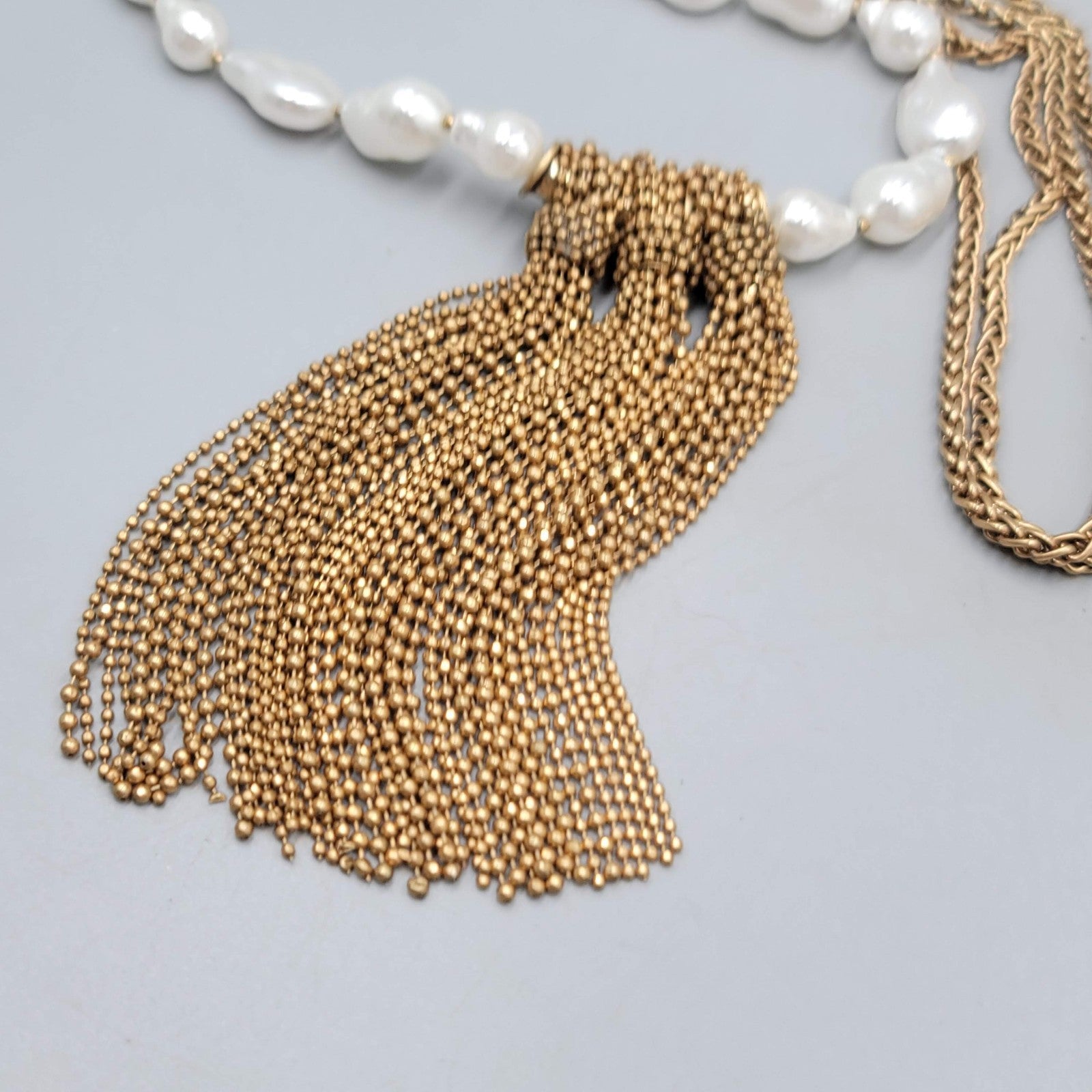 Chicos White Bead Necklace Gold tone Bead Chain Tassel Pendant LONG 36"