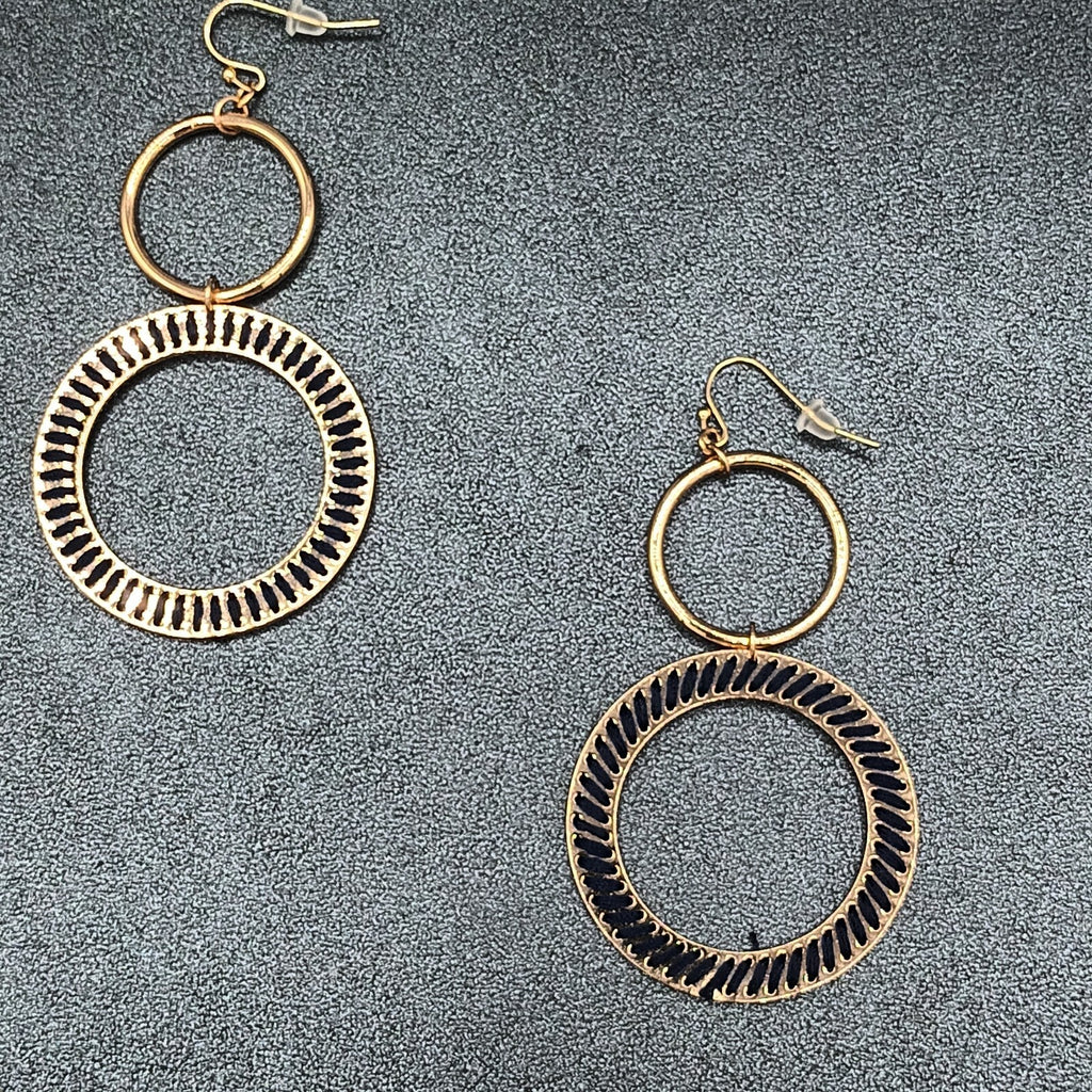 Pierced Earrings Gold tone Dangle Hoops Blue String Accents 2.75"
