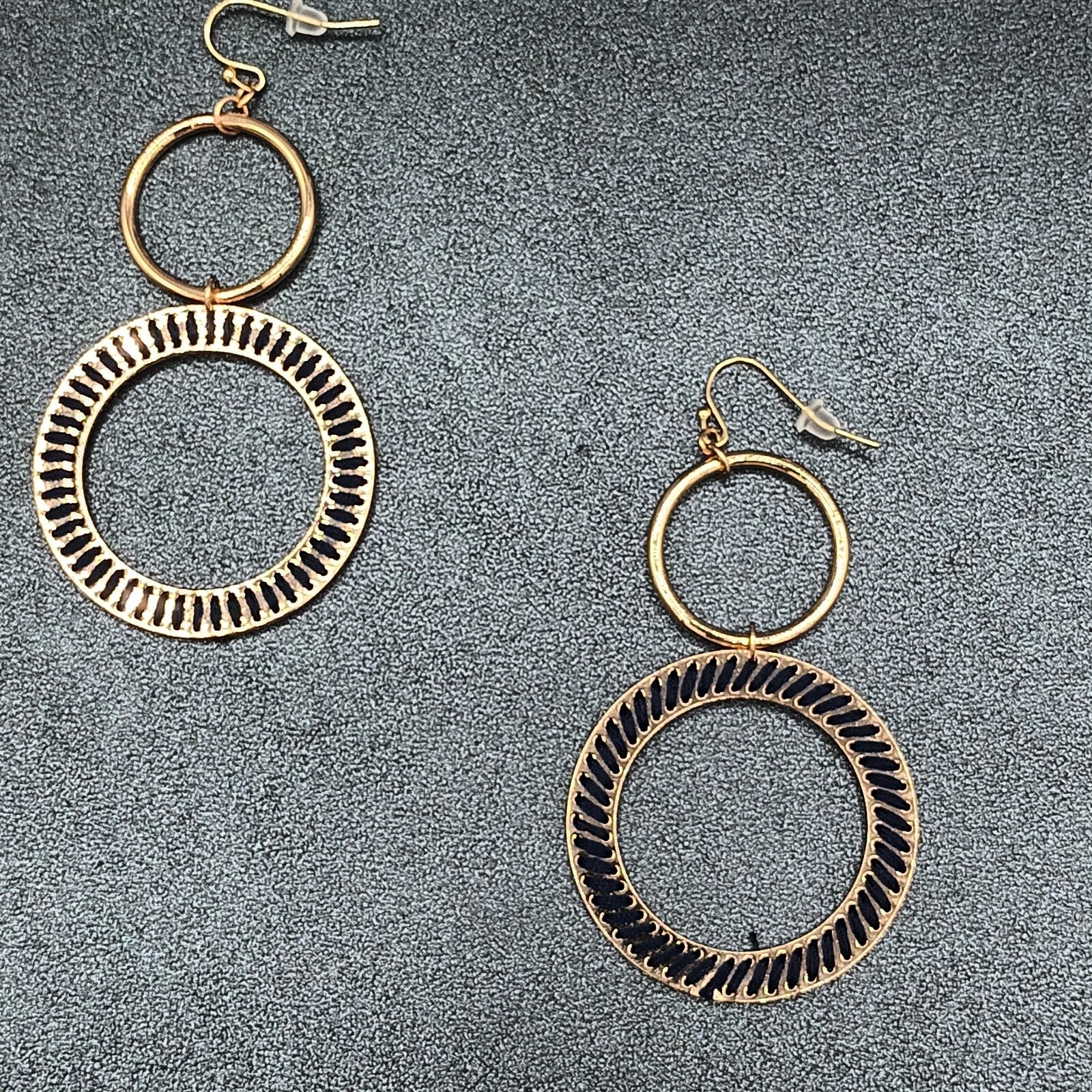 Pierced Earrings Gold tone Dangle Hoops Blue String Accents 2.75"