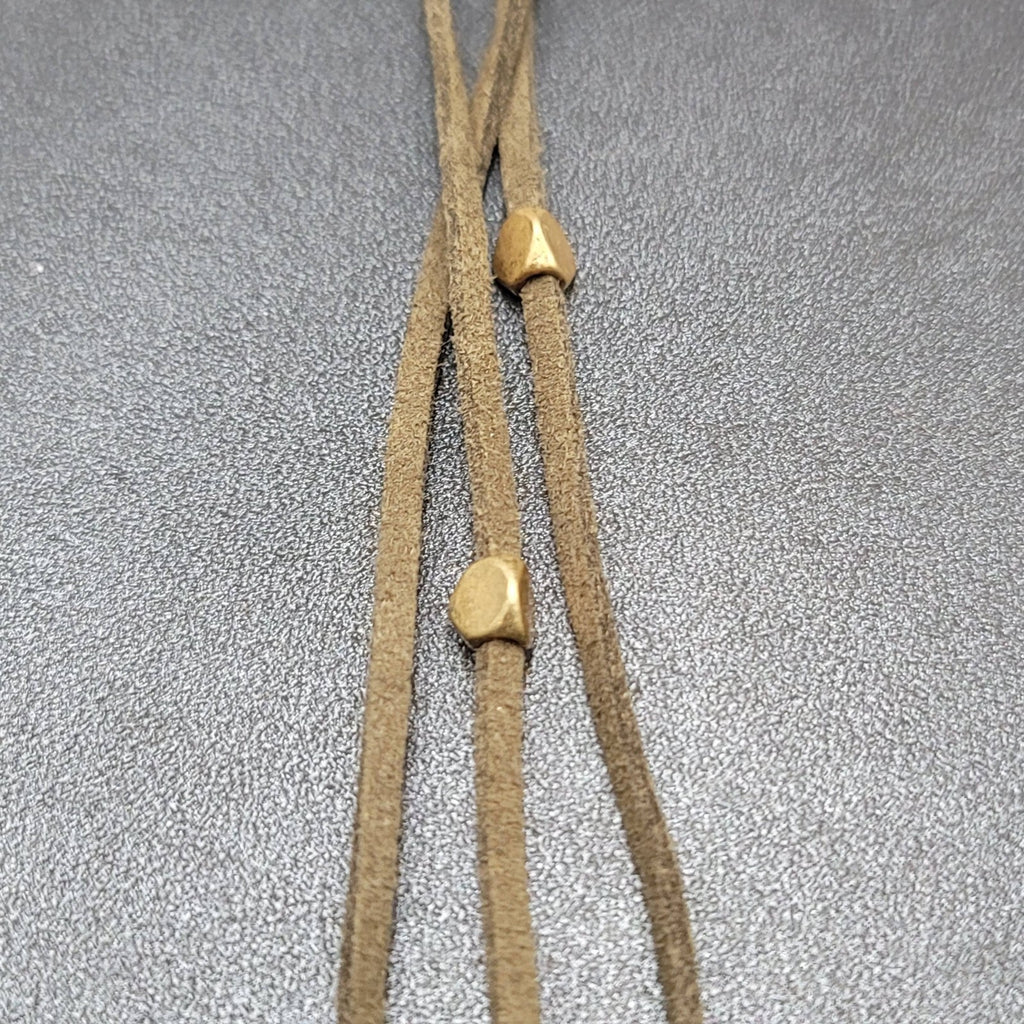 Long Statement Necklace Green Suede Triple Cord Gold tone Pendant 54"