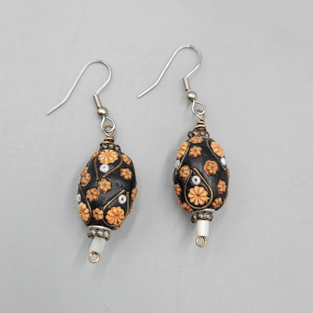 Handmade Floral Bead Pierced Earrings Boho Statement Dangle Silver tone 1.5"
