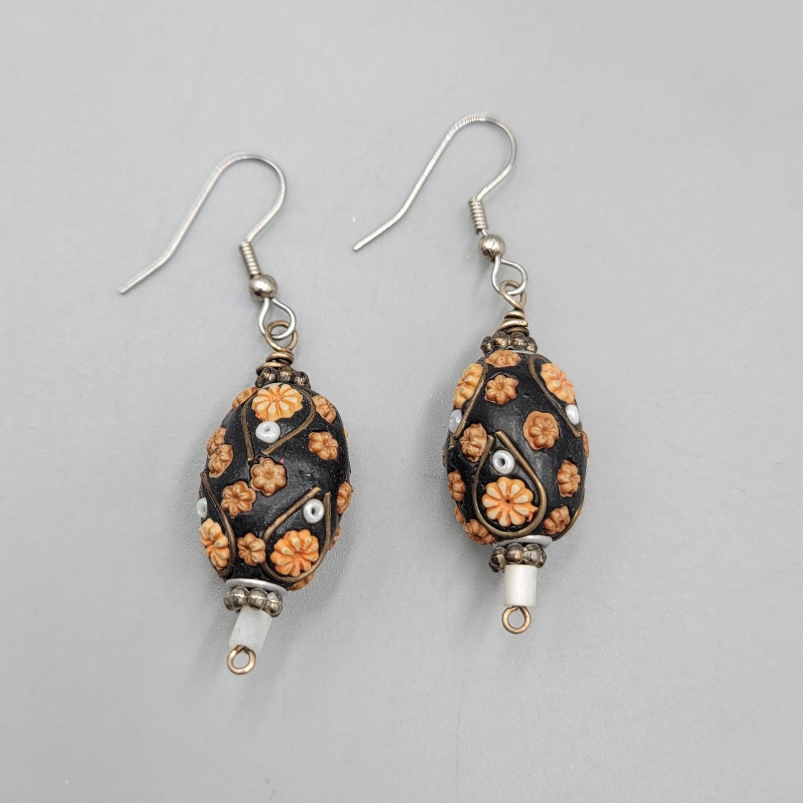 Handmade Floral Bead Pierced Earrings Boho Statement Dangle Silver tone 1.5"