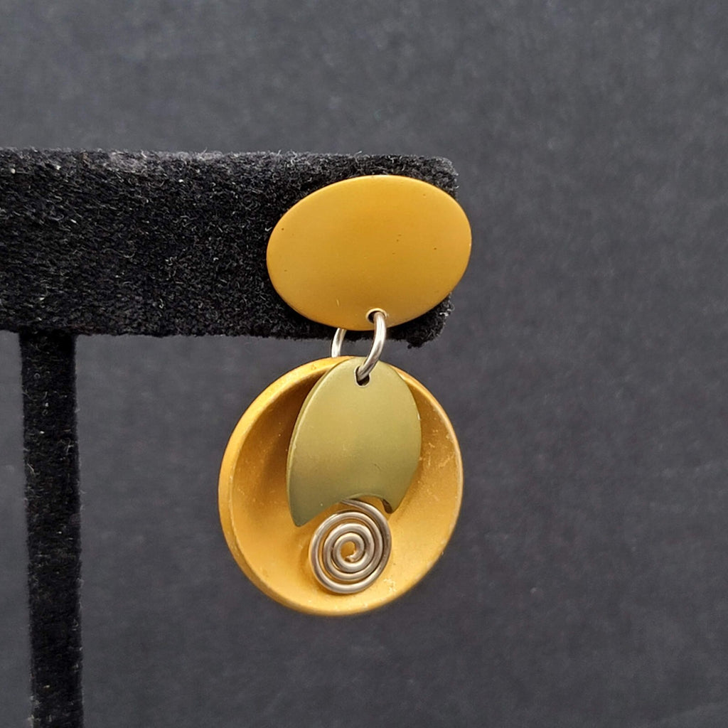 Pierced Earrings Brushed Gold tone Gold Silver Accent Modernist Dangle  1 3/8"