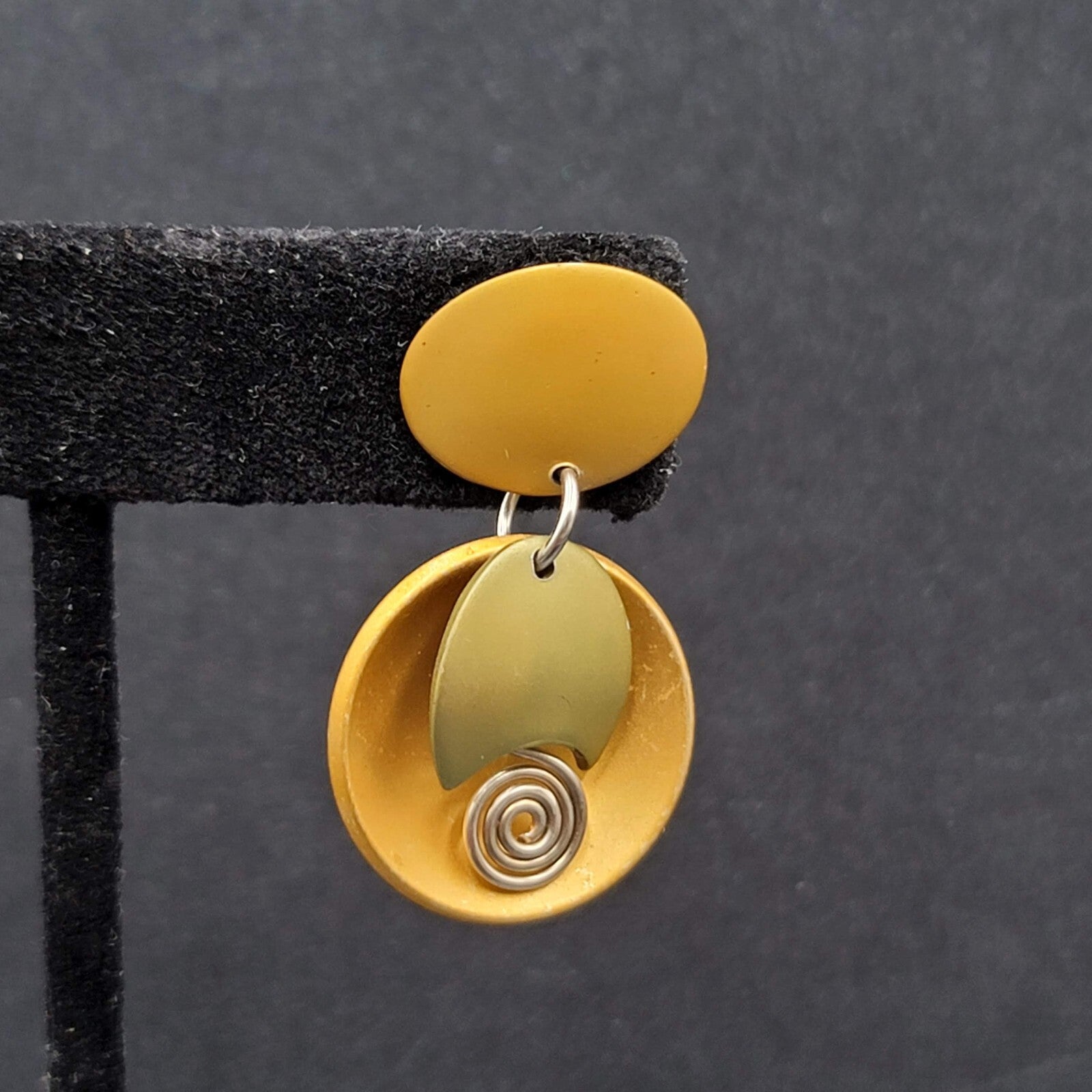 Pierced Earrings Brushed Gold tone Gold Silver Accent Modernist Dangle  1 3/8"