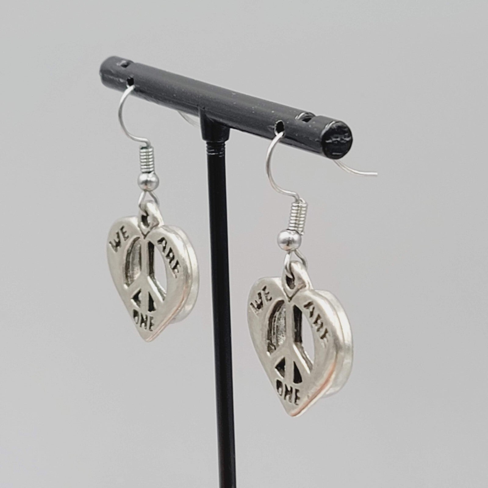 We Are One Peace Heart Pierced Earrings Silver tone Dangle 7/8"