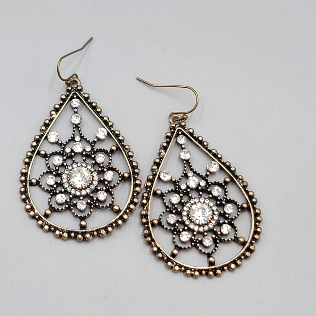 Teardrop Pierced Earrings Bronze tone Rhinestone Dangle 2"