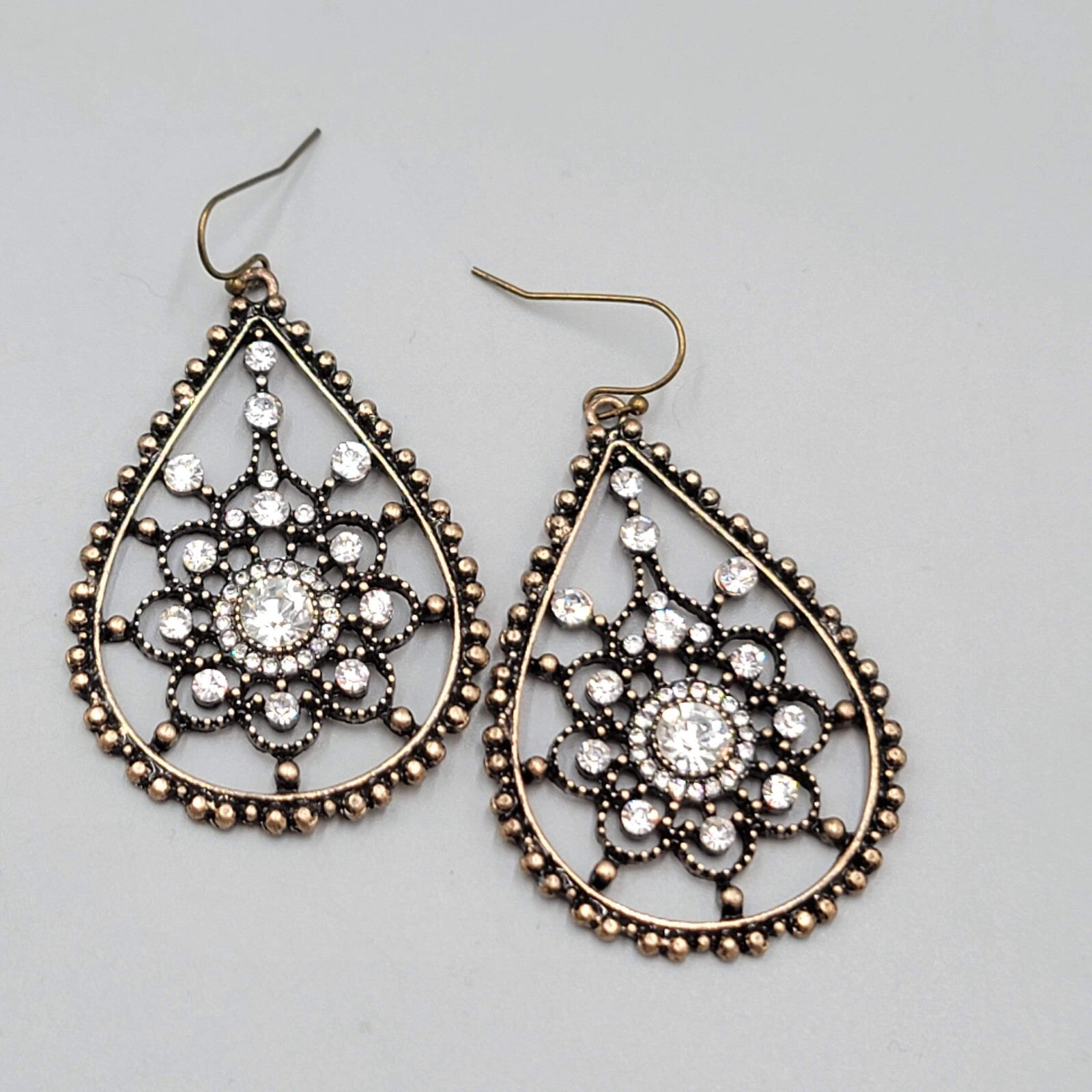 Teardrop Pierced Earrings Bronze tone Rhinestone Dangle 2"