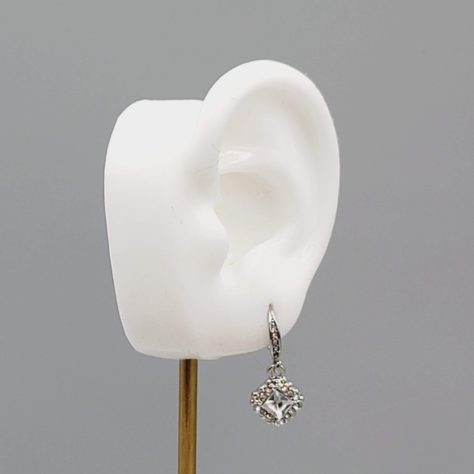 Pierced Earrings Silver tone Crystal Rhinestone Dangle  1/2"