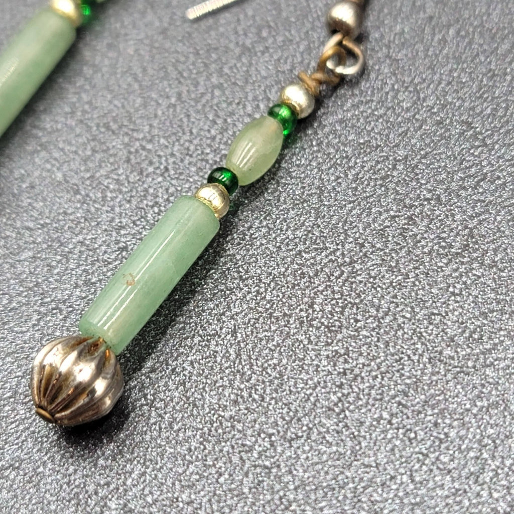 Pierced Earrings Silver tone Jade Beaded Long Thin Dangle  1.5"