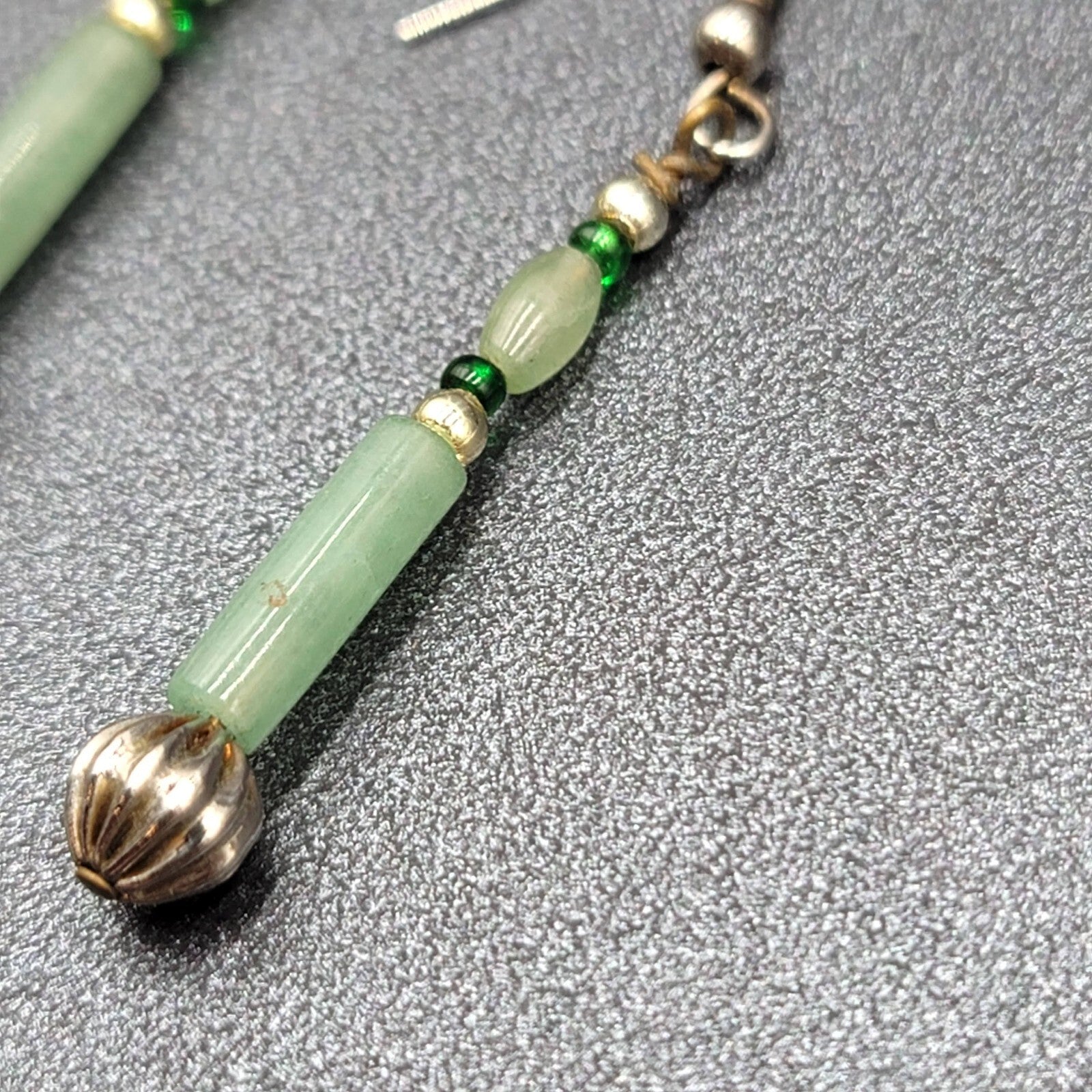 Pierced Earrings Silver tone Jade Beaded Long Thin Dangle  1.5"
