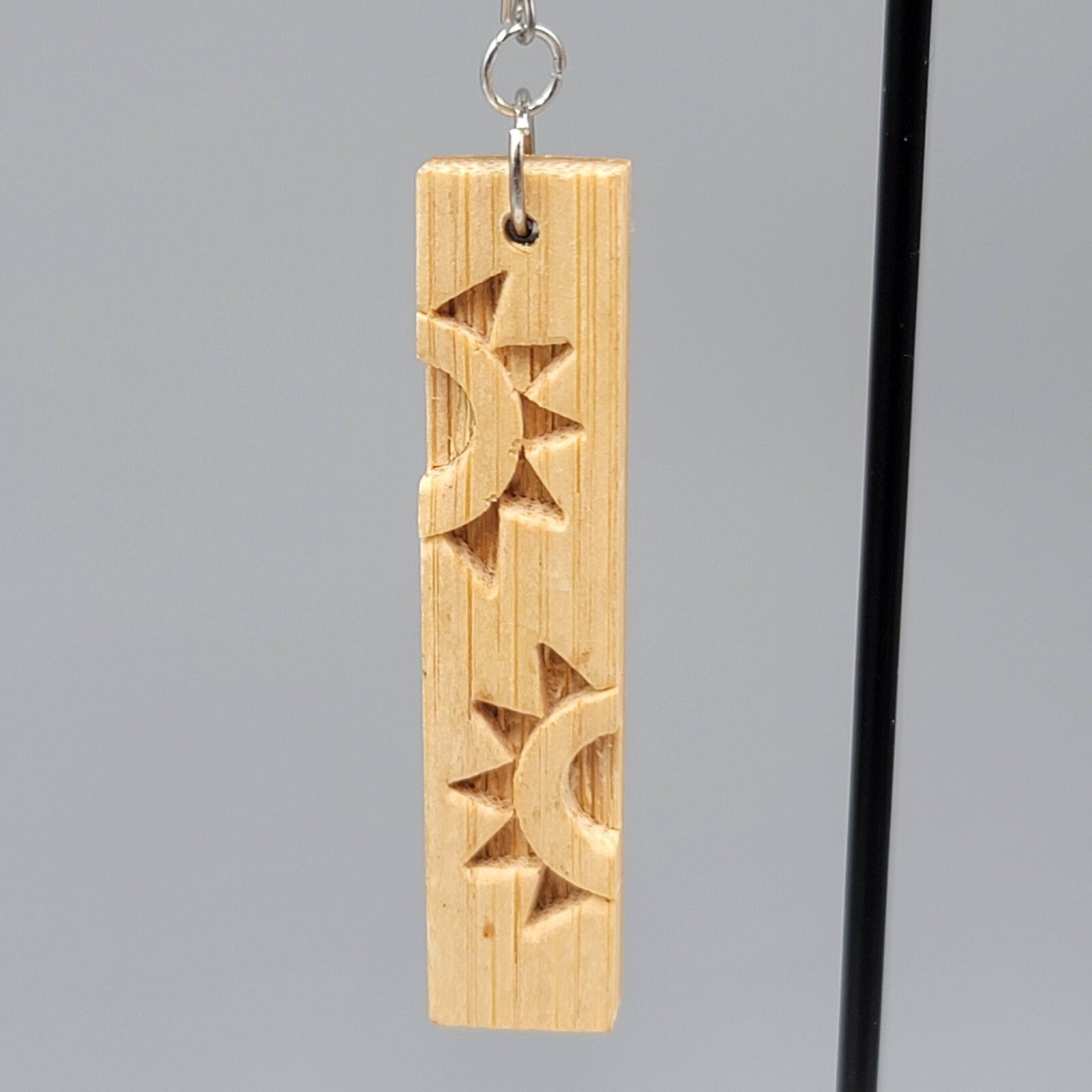 Sun Motif Wood Pierced Earrings Silver tone Dangle 2.25"