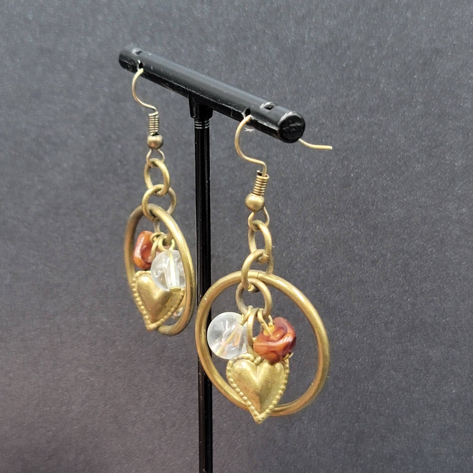 Pierced Earrings Bronze tone Heart Beaded Dangle 1"