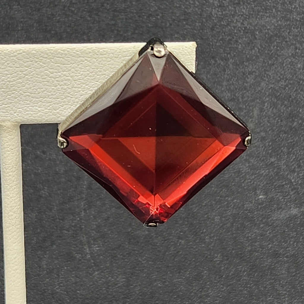 Vintage Clip on Earrings Black Metal Red Acrylic Square Drop 1"
