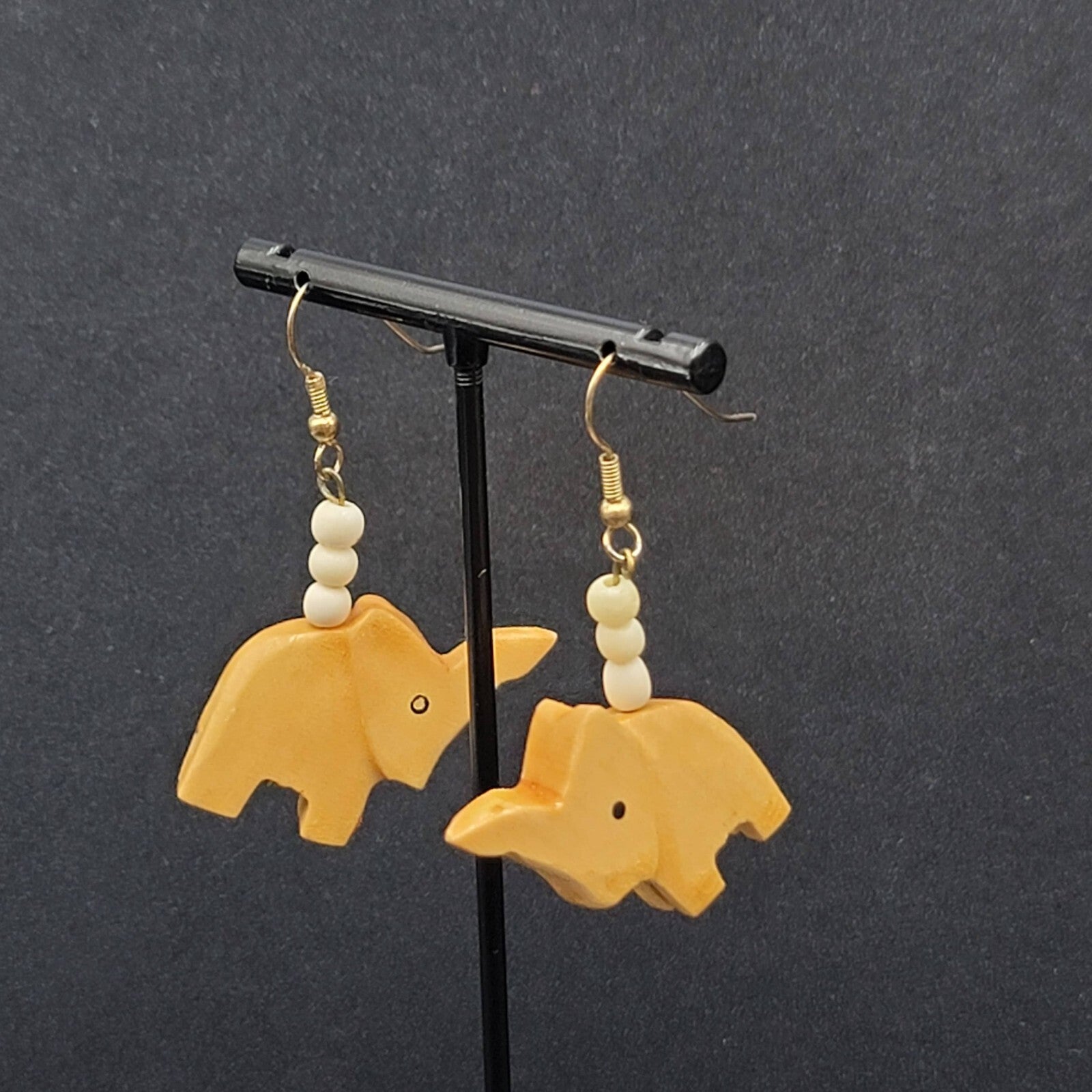 Vintage Pierced Earrings Solid Wood Hand Carved Elephant Dangle 1.5"