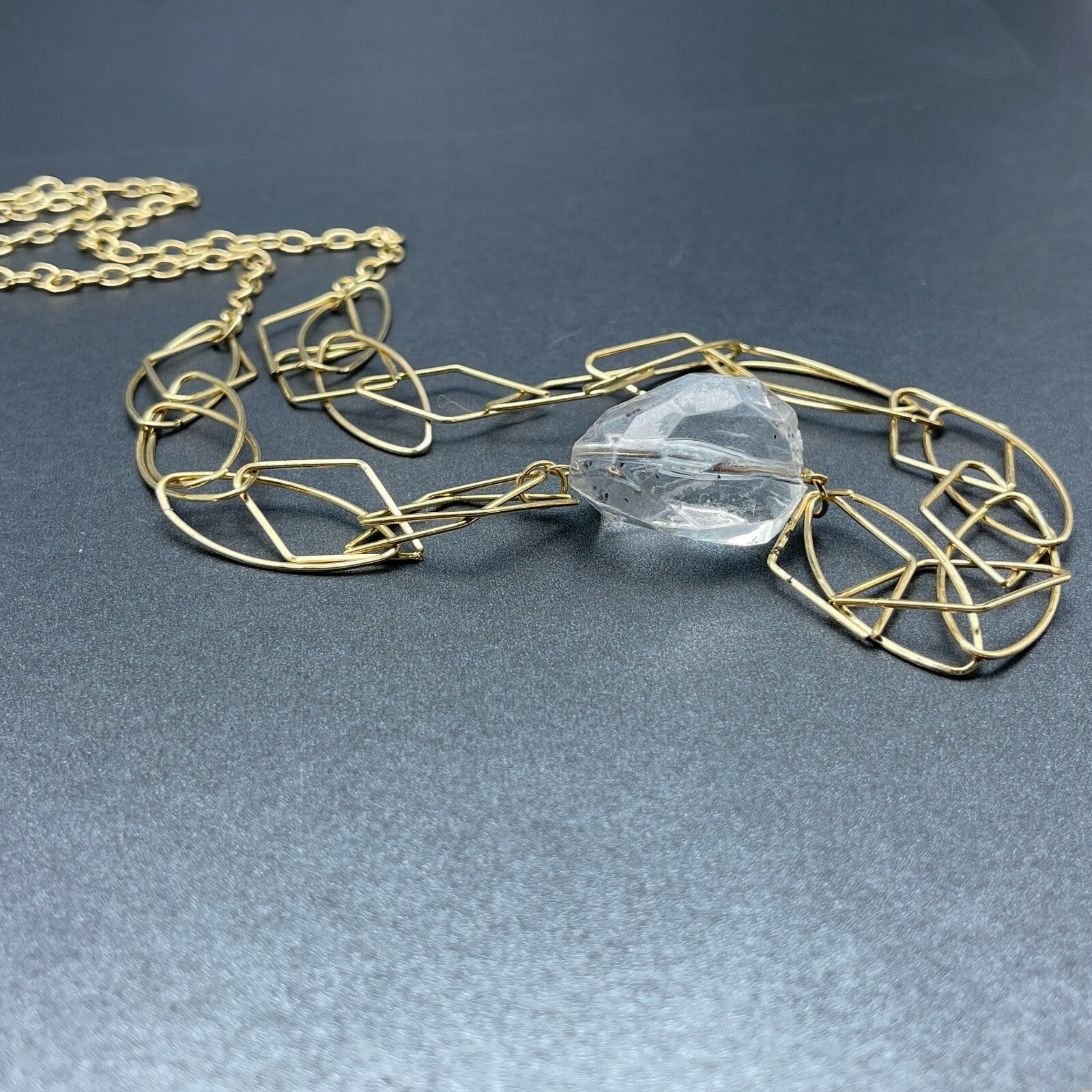 Gold tone Large Link Clear Acrylic Bead Statement Necklace 34" Estate Jewelry