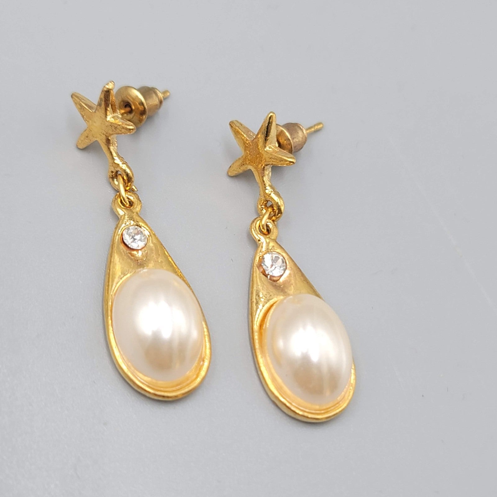 Star Crystal Faux Pearl Pierced Earrings Gold Plated Dangle 1.5 in