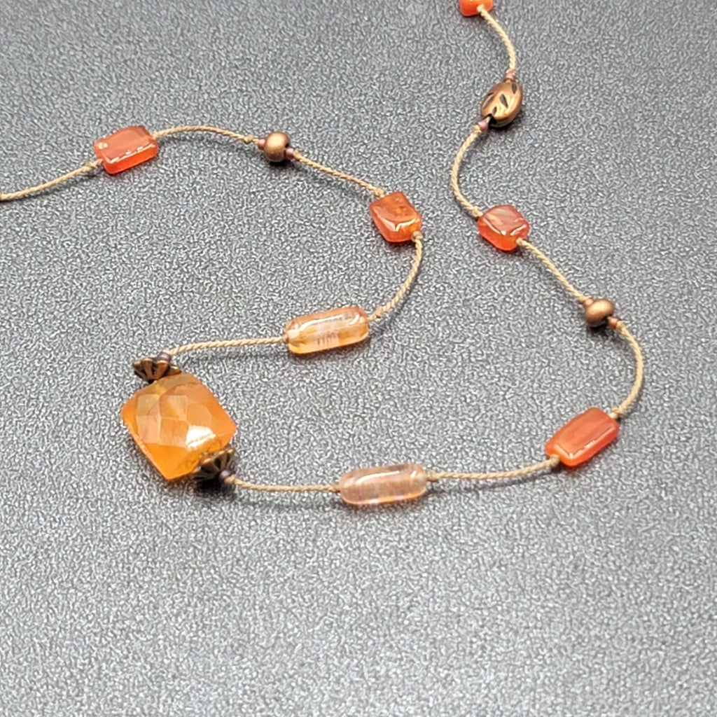 Dainty Orange Stone Necklace Hand Knotted Cord Station Copper tone Metal 17"